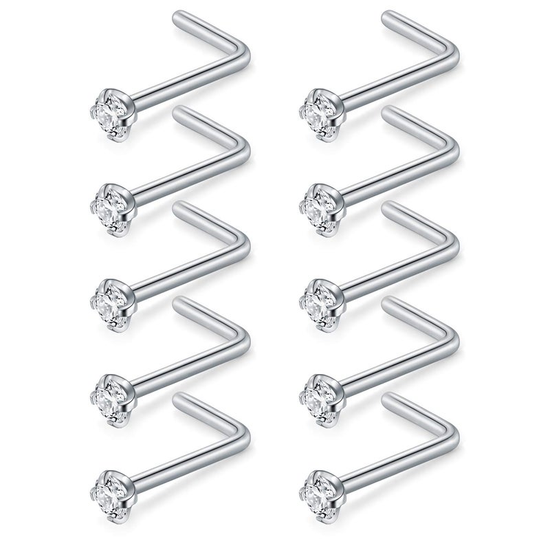Briana Williams Nose Rings Studs- 10pcs 20G 1.5mm Clear Diamond CZ L Shaped Nose Studs Surgical Steel Nose Piercing - Image 1